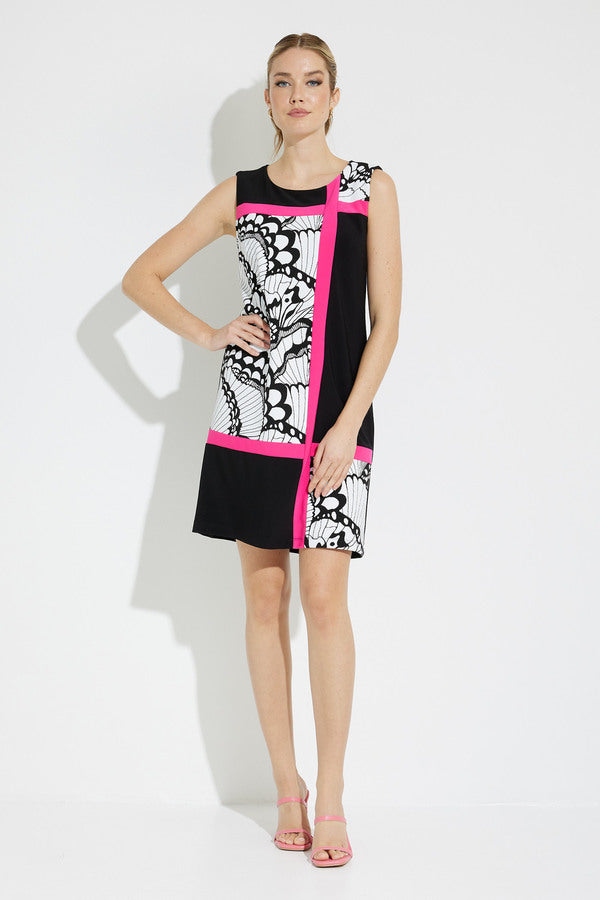 The Bridget butterfly print shift dress is absolutely gorgeous in every way.  With its figure flattering design, abstract butterfly print and color block detailing, you are sure to receive compliments when you style this beauty.  Color- Black, white, pink. Colorblock. Abstract butterfly print. No pockets. Zipper. Not lined.