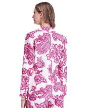 Load image into Gallery viewer, Woman wearing a pink paisley button down blazer and matching pants against a white background.
