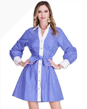 Load image into Gallery viewer, Woman wearing a blue and white striped dress on a white background.
