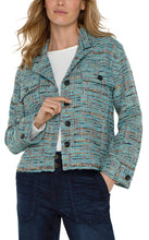 Load image into Gallery viewer, This bouclé knit boxy shacket showcases a stunning blend of oceanic colors. The combination of textures, along with the blue and gold lurex-flecked tones, creates a distinctive and adaptable piece that you&#39;ll find yourself reaching for time and time again.
