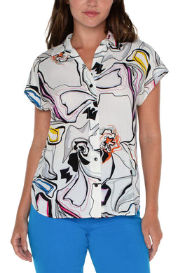 This elegant button-front blouse boasts a stylish dolman sleeve design, complete with a classic collar. Its eye-catching print adds a touch of charm, making it a versatile choice for pairing with denim or dress pants for a timeless appeal. Color- White, black, Button-front closure. Dolman sleeves. Collared. 27