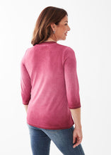 Load image into Gallery viewer, This cabernet ombre-dyed three-quarter sleeve, V-neck top is exquisitely crafted for a beautiful look. Its ultra-soft materials make it ideal for both solo wear or layering beneath your favorite jacket or cardigan.  Color- Cabernet Ombre dyed. V- neck. 3/4 sleeve. Fabric -95% Viscose. 5% Elastane.
