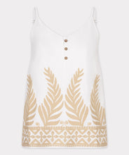Load image into Gallery viewer, The EsQualo Clady Camisole is a stunning piece designed for effortless elegance. This embroidered camisole features a delicate leaf pattern interwoven with shimmering lurex, adding a touch of sophistication. The playful wooden buttons and adjustable straps ensure a comfortable and customizable fit. This lovely top, on its own or under a jacket, offers a lightweight and breathable feel, perfect for warm-weather styling.
