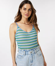 Load image into Gallery viewer, Stunning blues and greens combine with a bit of sparkle to create a gorgeous camisole.  A lovely addition to your spring/summer collection, this fabulous camisole can be worn alone or pair with your favorite jacket or cardigan.  Our LARK LUREX CABLE CARDIGAN - ESQUALO is a perfect cardigan to wear with our Laleh cami.  Color- Multi; Blue, aqua, tan, green. Adjustable straps. Lightweight. Slightly sheer. Subtle sparkle threading throughout. Fabric -89% Polyester. 11% Metallic.
