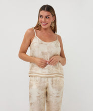 Load image into Gallery viewer, Woman wearing a beige and white safari patterned camisole and matching pant against a white background.
