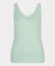 Load image into Gallery viewer, The Chia Camisole with Buttons in Pistachio Color - EsQualo is a versatile and stylish singlet with charming buttons, a flattering v-neckline, and wide straps. Layer it with a cardigan or jacket for cooler days, or wear it on its own for warmer days. It also pairs perfectly with our Pietta Pastel Green Blazer Linen Look - EsQualo SP2410008, making it a must-have addition to any wardrobe.
