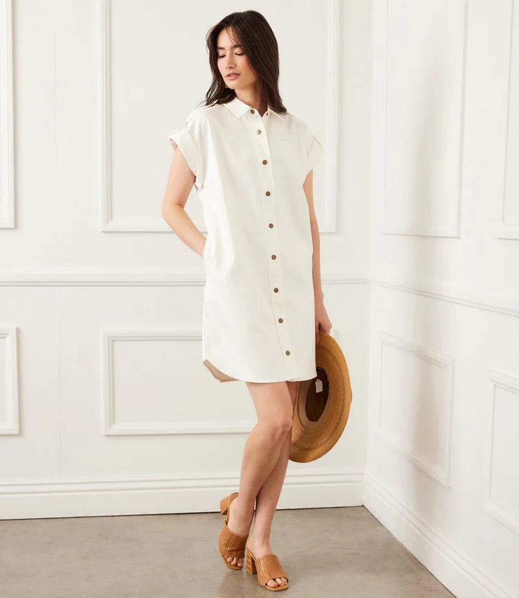 Celina Cap Sleeve Denim Dress in Off White