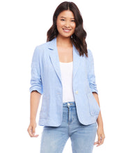 Load image into Gallery viewer, Polished details like a notched collar and ruched sleeves make this lightweight jacket work for a day in the city or at the beach. It&#39;s cut from cool and breathable linen.  Create the perfect outfit with our CAROLINE CAPRI BLUE HIGH WAIST PLEATED SHORTS - KAREN KANE and BRIA BORDER PRINT TOP - KAREN KANE.  Color - Capri Blue; light blue Patch pockets. Button closure. Yarn dye linen. Fabric -100% Linen
