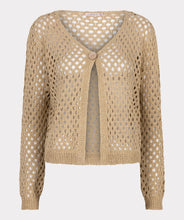 Load image into Gallery viewer, Elevate your wardrobe with the Cira Cardigan Button Lurex by EsQualo. This luxurious gold cardigan features a shimmering lurex fabric, a classic button-front design, and a chic, versatile fit perfect for layering. Whether dressing up or keeping it casual, this stylish knit adds a touch of elegance to any outfit. Shop now for a timeless, fashion-forward look.
