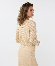 Load image into Gallery viewer, Add this stylish addition to your wardrobe. This tie front cardigan in ajour knit quality is perfect for any occasion - it&#39;s versatile soft gold hue makes it a match for everything in your closet. Layer it over your go-to tank and you&#39;re ready to go!
