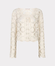 Load image into Gallery viewer, A natural color crochet cardigan against a white background.
