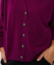 Load image into Gallery viewer, Close-up of a purple cardigan with dark steel buttons.
