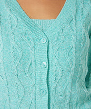 Load image into Gallery viewer, Add a beautiful shade of aqua to your wardrobe with this gorgeous lightweight cable cardigan by EsQualo.  A lovely amount of sparkle threading throughout elevates this gorgeous design.  A perfect style to wear alone or over a tank or camisole. Our Lark cardigan matches perfectly with our LALEH LUREX SPARKLE ZIGZAG CAMISOLE - ESQUALO.  Color - Aqua (Picture appears more blue in color.  In person, cardigan has a blue/green hue.) Sparkle metallic threading throughout. Button up front.
