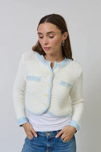 Load image into Gallery viewer, Woman wearing a white textured sweater with light blue contrast stitching and blue jeans on a plain background.
