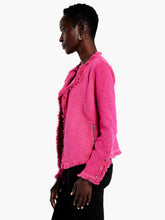 Load image into Gallery viewer, This timeless piece from NIC &amp; Zoe&#39;s collection, the Fringe Mix Knit Jacket, is a bestselling favorite season after season. The classic silhouette (with a twist) brings a touch of fun to any ensemble, from the office to your daily life. Thoughtful details like the snap cuffs and the namesake fringe hem make it even more special. An open front makes it easy to layer on and off, for a mood-boosting wardrobe staple.  Color- Charged pink. Sweater knit jacket. Basic Sleeve.
