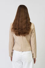 Load image into Gallery viewer, Woman wearing a khaki blazer with a stripe dickey and white pants on a plain background.
