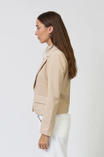 Load image into Gallery viewer, Woman wearing a khaki blazer with a stripe dickey and white pants on a plain background.
