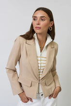 Load image into Gallery viewer, Woman wearing a khaki blazer with a stripe dickey and white pants on a plain background.
