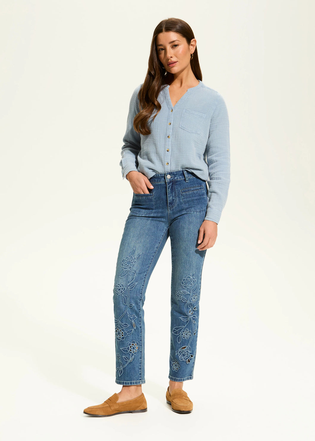 Elevate your everyday style with the Christina Straight Ankle Denim—a perfect blend of comfort, versatility, and timeless elegance. Designed for a flattering fit, these jeans feature a classic 5-pocket design with delicate floral details adorning the front, adding a feminine touch to their structured silhouette.