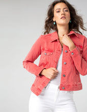Load image into Gallery viewer, Liverpool Los Angeles&#39;s jean jacket is a perfect go-to layering item that adds just the right touch to any outfit. Lovely stretch, our Celeste jacket in a coral color has the perfect recovery design that will keep its shape after wear.    Color - Coral Fins. 23&quot; HPS. Amazing stretch and recovery. Slub stretch twill. Two front pockets. Two seam side pockets.
