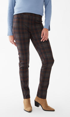 These Clay Plaid Pull On Slim Leg Pants designed by French Dressing are incredibly flattering on all body types. Add a touch of color to your outfit with these comfortably stylish pants.   Color- Clay plaid- Pull on style. Slim leg. 75% Polyester. 20% Viscose. 5% Elastane. Care- Machine wash cold, gentle cycle. Do not bleach. Hang dry.