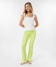 Load image into Gallery viewer, Color, color and more color! A beautiful flair basic denim pant in a striking lime color is a must-have this season. These pants taper to a wider leg and functional five pockets.  Color- Lime. Tapers to wider leg. Functional five pockets. Silver buttons and hardware. EsQualo Jeans label. Fabric-97% Cotton. 3% Spandex.
