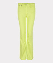 Load image into Gallery viewer, Color, color and more color! A beautiful flair basic denim pant in a striking lime color is a must-have this season. These pants taper to a wider leg and functional five pockets.  Color- Lime. Tapers to wider leg. Functional five pockets. Silver buttons and hardware. EsQualo Jeans label. Fabric-97% Cotton. 3% Spandex.
