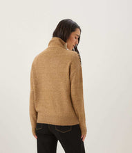 Load image into Gallery viewer, A woman shown from the back wearing a camel-colored knit sweater with black jeans, photographed against a plain light gray studio background.
