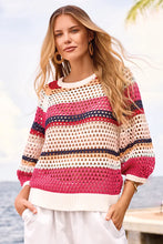 Load image into Gallery viewer, With three-quarter sleeves and an open-knit design, this striped sweater fits flawlessly into every season. We love the crew neckline, raglan shoulder seams, colorful stripes, ribbed trim, and combed cotton fabric that delivers all-day comfort.  Color -Poppy red, white, gold, pink, turquoise and navy stripes. Pop-over crew neck. Three-quarter sleeve Raglan shoulders; ribbed trim Open knit.
