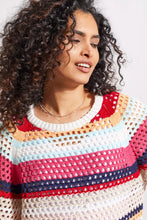 Load image into Gallery viewer, With three-quarter sleeves and an open-knit design, this striped sweater fits flawlessly into every season. We love the crew neckline, raglan shoulder seams, colorful stripes, ribbed trim, and combed cotton fabric that delivers all-day comfort.  Color -Poppy red, white, gold, pink, turquoise and navy stripes. Pop-over crew neck. Three-quarter sleeve Raglan shoulders; ribbed trim Open knit.
