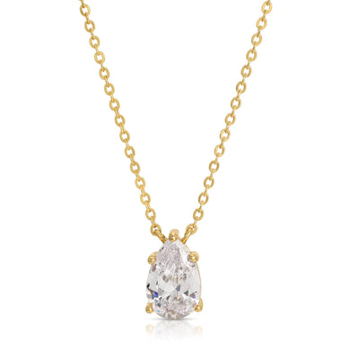 his gorgeous Country Club Necklace is a stunner and certainly will add extra shine to your everyday outfit! A sparkling pear shape cubic zirconia hangs from a dainty gold chain.  A perfect necklace to wear alone or layer with your other favorite pieces.  Colors- Gold and clear. Cubic zirconia. 14 kt gold plating over brass. Measures 17 inches with a 2