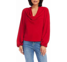 Load image into Gallery viewer, Expertly crafted, this top boasts a draped cowl neck for a relaxed fit. Its blousy sleeves further enhance the effortlessly fluid design. In a vibrant red, this beautiful top can be dressed up or worn casually with denim. Perfect for the holidays and every event in-between.
