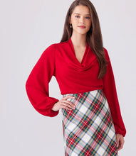 Load image into Gallery viewer, Expertly crafted, this top boasts a draped cowl neck for a relaxed fit. Its blousy sleeves further enhance the effortlessly fluid design. In a vibrant red, this beautiful top can be dressed up or worn casually with denim. Perfect for the holidays and every event in-between.
