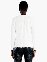 Load image into Gallery viewer, Achieve an elevated, timeless look with this black onyx knit long sleeve tee from Nic &amp; Zoe. Crafted from a unique drapey lace knit that is comfortable and designed for all day wear, this top features a fitted crewneck silhouette, long sleeves, and a hip-length hem. Layer this top under a cardigan or jacket for an instant statement look.  Color- Cream. Knit lace. Midweight. Fitted. Crewneck.
