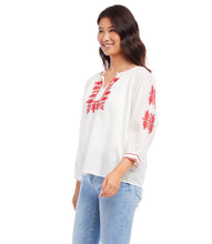 Load image into Gallery viewer, Lightweight cotton gives a breezy quality to this peasant top detailed with charming floral embroidery. Pair this top with high-waist jeans for a polished look.   Create the perfect look when paired with our REBECCA RED CAPRI PANT - KAREN KANE  Colors- Cream and red. Blouson sleeve. V-neckline. Embroidered. Fabric -100% Cotton.

