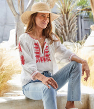 Load image into Gallery viewer, Lightweight cotton gives a breezy quality to this peasant top detailed with charming floral embroidery. Pair this top with high-waist jeans for a polished look.   Create the perfect look when paired with our REBECCA RED CAPRI PANT - KAREN KANE  Colors- Cream and red. Blouson sleeve. V-neckline. Embroidered. Fabric -100% Cotton.
