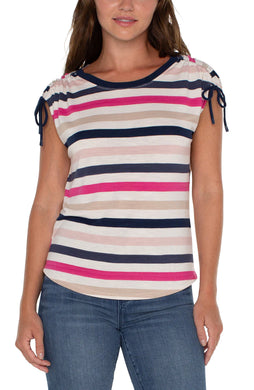 This dolman tee is a classic with a twist! Bold stripes and adjustable shoulder ties give it a stylish upgrade. Our super soft poly blend makes this crew neck tee perfect for dressing up or down. It's anything but basic!