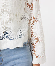 Load image into Gallery viewer, Crafted with precision, this white crochet cardigan from EsQualo boasts a delicate openwork pattern, complemented by oversized buttons and a flattering v-neck design. A must-have for spring and summer, it effortlessly elevates any ensemble with its refined charm and cozy feel. Whether you&#39;re basking in the warm sun or embracing a cool evening breeze, this versatile piece exudes sophistication and comfort.
