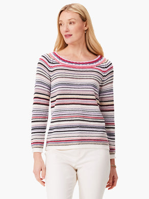 Experience the ultimate fun with this striped sweater - the perfect choice to elevate your everyday denim. Featuring thin stripes in a striking blend of colors and delicate pointelle stitching along the neckline, this faux crochet piece exudes impeccable knit quality. With a classic pull-on crewneck design, this sweater sits perfectly at the hip. Crafted with 