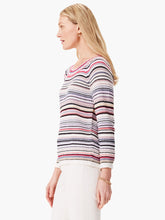 Load image into Gallery viewer, Experience the ultimate fun with this striped sweater - the perfect choice to elevate your everyday denim. Featuring thin stripes in a striking blend of colors and delicate pointelle stitching along the neckline, this faux crochet piece exudes impeccable knit quality. With a classic pull-on crewneck design, this sweater sits perfectly at the hip. Crafted with &quot;no waste knitwear&quot;, this mindful piece eliminates textile waste.
