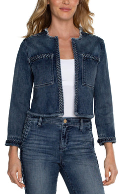 This stunning denim jacket with braided detailing is sure to turn heads! Cropped at the perfect length with a frayed hem, this is a unique item that will pull your outfit together! 