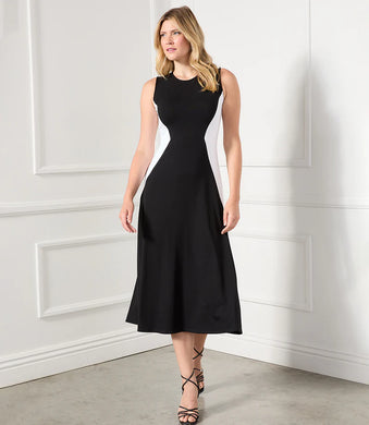 Colorblock panels flatter your figure while offering a cool modern touch to this soft jersey-knit midi dress. Its midi silhouette comfortably flows over the body in streamlined sophistication. Colors- Black and white. Colorblock. Sleeveless. Center back invisible zipper. Fabric -90% Rayon. 10% Spandex.