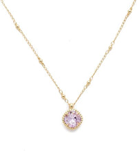 Load image into Gallery viewer, Elegant and captivating pendant necklace with a soft, pastel violet hue. Boasting a cushion-cut stone with a smooth, rounded edge, bordered by a charming, vintage-inspired design. The delicate chain features intricate ball detailing and an adjustable length of 16 inches, with a 4-inch extension for a perfect fit. Whether seeking a special gift or treating yourself, this artisan-crafted necklace offers a timeless and sophisticated option.
