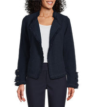 Load image into Gallery viewer, This timeless piece from NIC &amp; Zoe&#39;s collection, the Fringe Mix Knit Jacket, is a bestselling favorite season after season. The classic silhouette (with a twist) brings a touch of fun to any ensemble, from the office to your daily life. Thoughtful details like the snap cuffs and the namesake fringe hem make it even more special. An open front makes it easy to layer on and off, for a mood-boosting wardrobe staple.  Color- Dark indigo (Dark blue). Sweater knit jacket. Basic Sleeve. Open front. Sits at hip.
