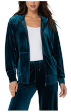 Load image into Gallery viewer, This fabulous hoodie features a velour fabrication in a rich teal blue hue, providing a classic, stylish look with an unmatched level of comfort. A zip down closure and hood with drawstrings let you adjust the fit, while the kangaroo pockets add a convenient touch. This is the perfect hoodie for everyday wear. Create the perfect outfit when paired with our Palma Pull On Wide Leg Pant with Drawcord Dark Teal - Liverpool Los Angeles   Color- Dark teal. Hoodie. Drawcord. Relaxed fit.
