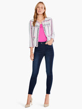 Load image into Gallery viewer, A faded vintage look with thoroughly modern construction, this go-with-anything jacket had quickly become one of our faves. With fringe detailing throughout and functional patch pockets, this piece is perfect blend of a timeless shape and everyday functionality. Wear it with denim on your off days or with your work pants and shake up your office wardrobe.  Color - Pink multi. Fashion jacket. Faux pockets. Midweight. Regular fit. Round neck.
