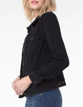 Load image into Gallery viewer, This Powerflex Black Rinse Denim Jacket from Liverpool Los Angeles, offers incredible stretch and recovery. It seamlessly blends the classic denim aesthetic with the unbeatable comfort of knit fabric. The dark black rinse color effortlessly complements any stylish top in your wardrobe.
