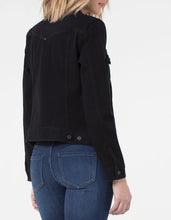 Load image into Gallery viewer, This Powerflex Black Rinse Denim Jacket from Liverpool Los Angeles, offers incredible stretch and recovery. It seamlessly blends the classic denim aesthetic with the unbeatable comfort of knit fabric. The dark black rinse color effortlessly complements any stylish top in your wardrobe.
