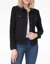 Load image into Gallery viewer, This Powerflex Black Rinse Denim Jacket from Liverpool Los Angeles, offers incredible stretch and recovery. It seamlessly blends the classic denim aesthetic with the unbeatable comfort of knit fabric. The dark black rinse color effortlessly complements any stylish top in your wardrobe.
