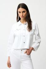 Load image into Gallery viewer, Woman wearing a white denim jacket and pants on a white background.
